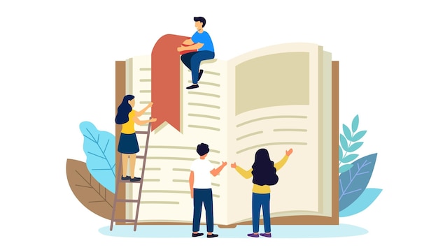 Reading book vector illustration Flat tiny paper book text study persons