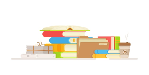 Reading books in the library.  illustration of a student preparing for exams. Set of book icons in flat style design. Study.