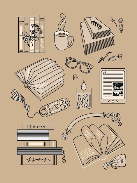 Reading books in stacks and open Bookmarks and glasses candle and cup ebook Set of vintage isolated elements For stickers posters postcards design elements