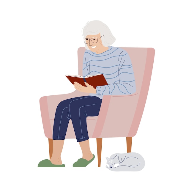 Reading elderly woman on armchair Grandmother sitting on armchair with book Vector flat illustration