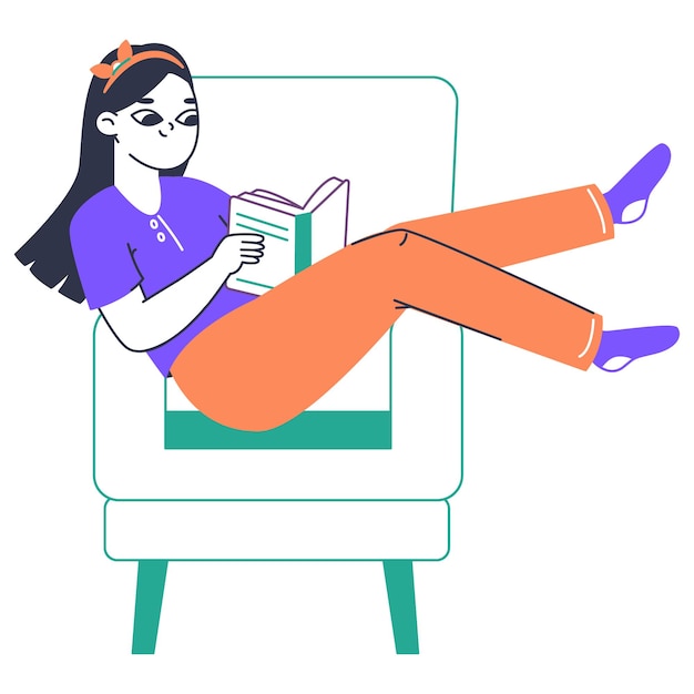 Reading girl book and literature lover woman sitting in armchair flat vector illustration on white