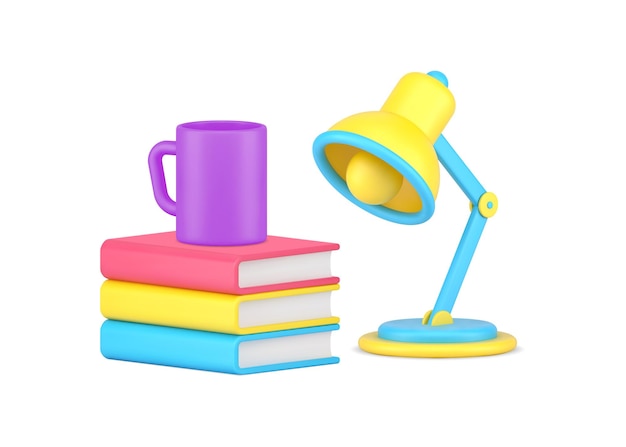 Lettura di libri interessanti tazza da caffè e lampada da tavolo godendo l'icona 3d dell'hobby educativo preferito