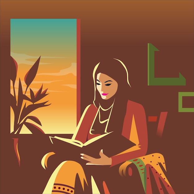 Чтение – это окно в мир. Индийская мусульманка читает книгу у окна.