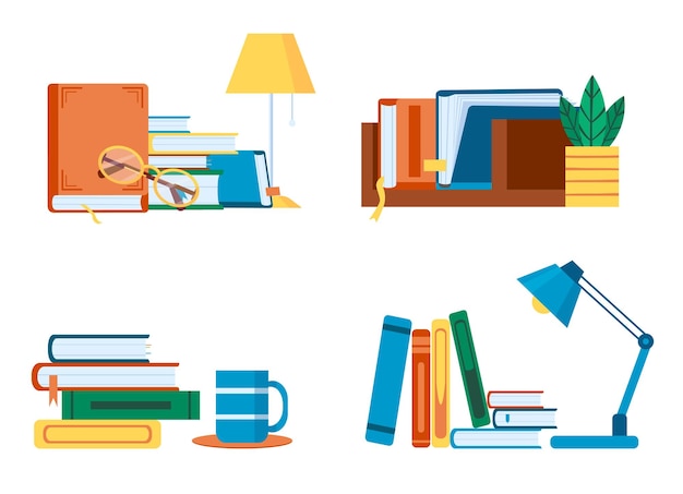 Чтение литературы, плоские книжные стопки и стопки для учебы Стол с учебниками и ламповыми очками или чашками Полочная книга для образования Академические книги для школьного колледжа или университетского векторного набора
