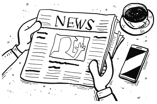 Reading newspapers on office desk Cartoon vector illustration design