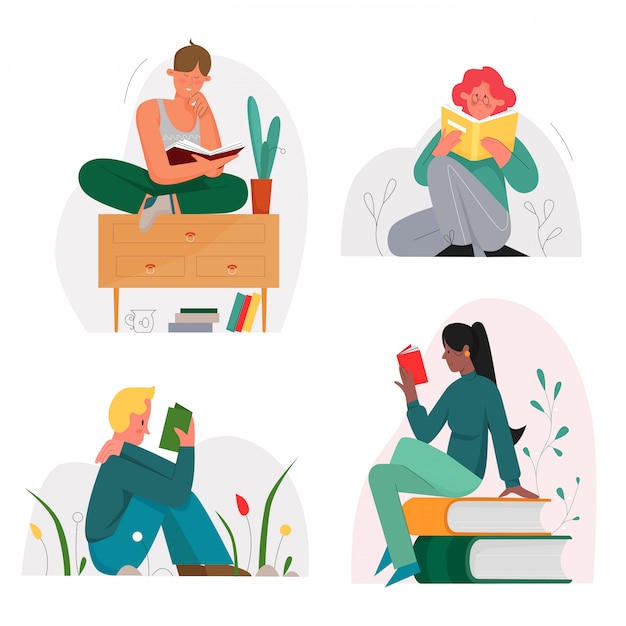 Vector reading sitting people with books character flat illustration set