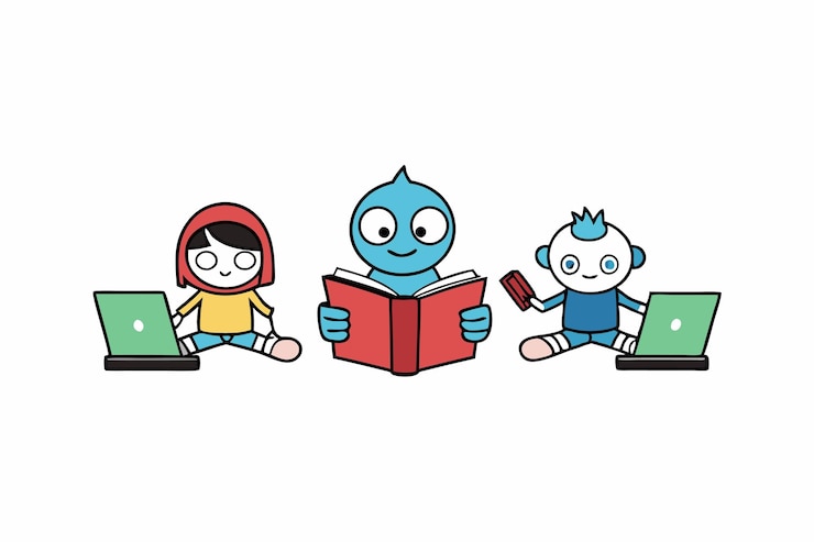 Vector reading time cute characters with books and laptops vector illustration cartoon clipart and line