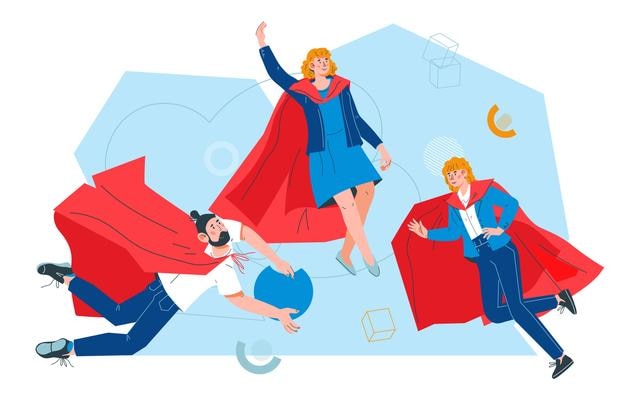 Ready for action team of high professionals and superheroes flat vector illustration isolated on white background Business concept of high skill and efficiency super power and superhero team