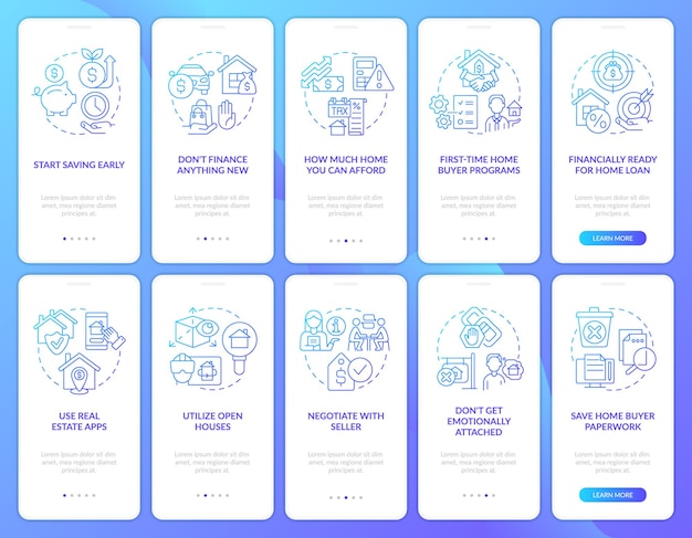 하우스 블루 그라데이션 온보딩 모바일 앱 화면 세트 구매 준비