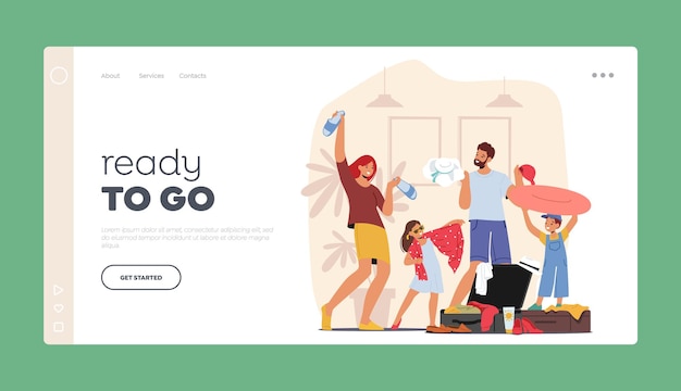 Ready to Go Landing Page Template Young Family With Kids Packing Suitcase Organizing Their Belongings And Getting Ready