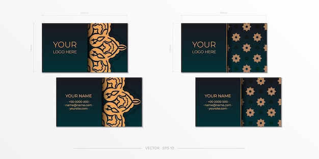 Ready-to-print business card design in dark green color with luxurious patterns. Vector Presentable business card template with vintage ornament.