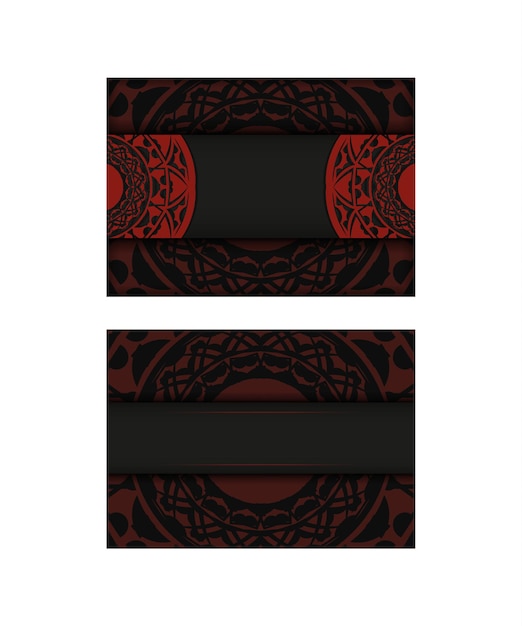 Вектор Готовый к печати дизайн открытки в черно-красном цвете с абстрактными узорами. шаблон пригласительного билета с местом для текста и старинных украшений.