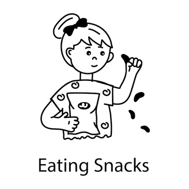 Ready to use doodle icon of girl eating snacks