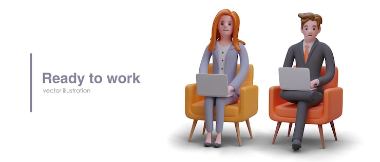 Vector ready to work man and woman in business suits sitting with laptops in chairs