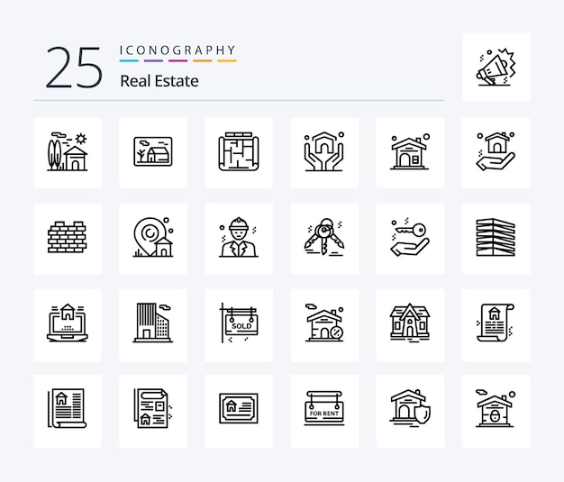 Real Estate 25 Line icon pack including home insurance blueprint house estate