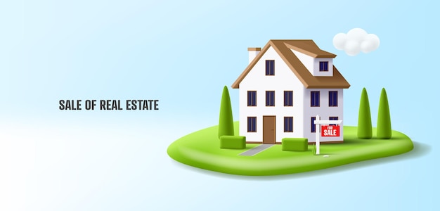 Real estate 3d illustration of house with for sale sign on green grass island real estate agency website banner