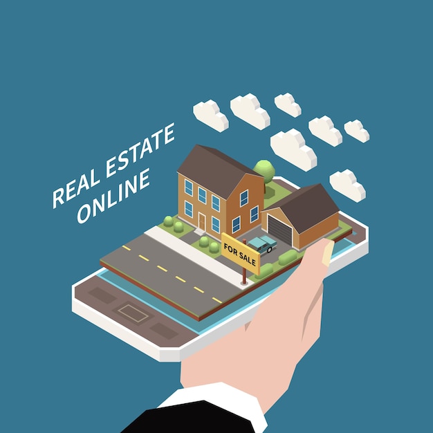 Real estate agency isometric composition with clouds and house for sale on smartphone top