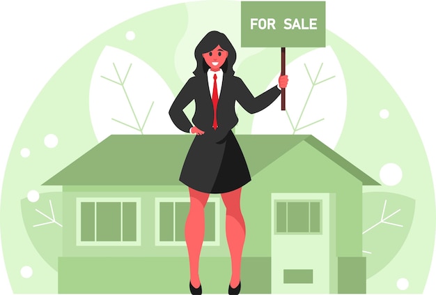 Vector real estate agent business woman holding a board with an inscription for sale village house