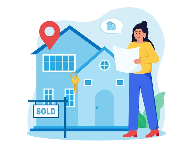 Vector real estate agent discussing house plans illustration