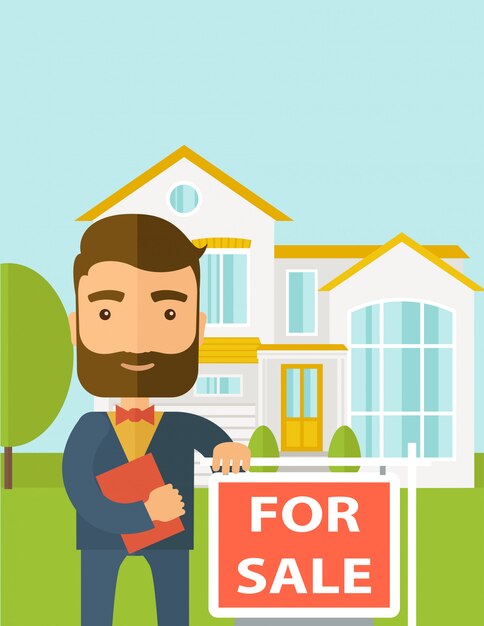 real estate agent standing beside the for sale placard.