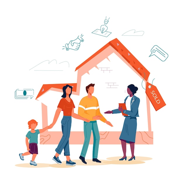 Real estate agent with family make agreement flat vector illustration