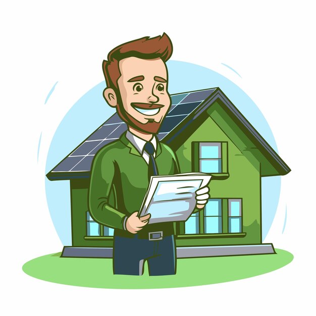 Агент по недвижимости с домом и солнечными панелями векторная мультфильмная иллюстрация