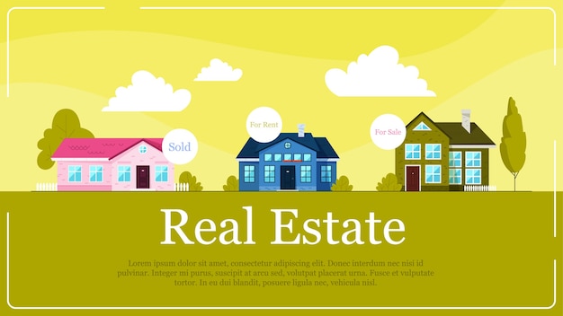 Real estate banner concept. idea of house for sale and rent. investment in property.  illustration in cartoon style