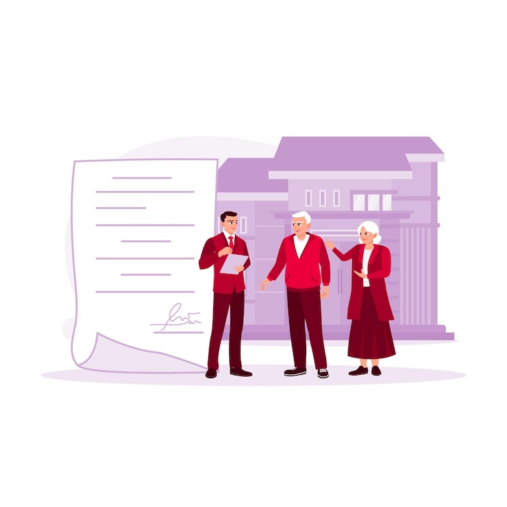 Vector real estate broker explains mortgage loan agreement retired couple signing a mortgage loan agreement
