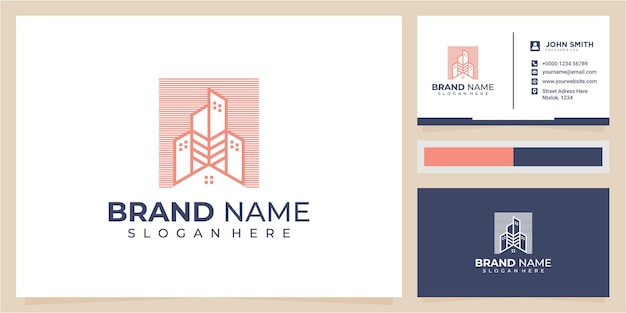 Real estate building negative space with square line logo design concept with business card