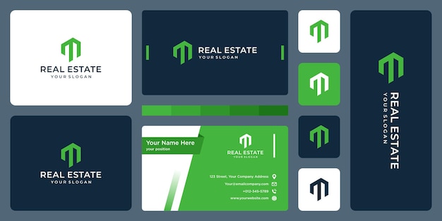 Real estate building with letter m logo and business card design.