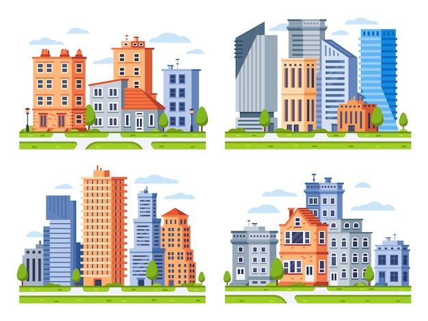 Real estate buildings. city houses cityscape, town apartment house building and urban residential district  illustration set