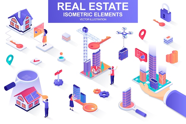 Real estate bundle of isometric elements  illustration