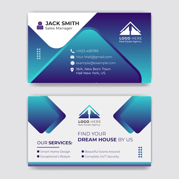Дизайн визитной карточки недвижимости с шаблоном посещения