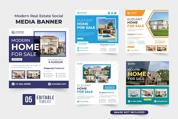 Real estate business social media post set vector with purple and blue colors Home selling service web banner collection for online marketing Modern house property sale template bundle design