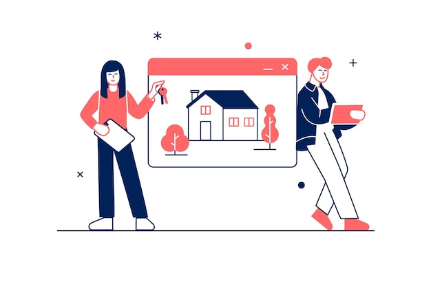 Vector real estate concept in flat line design with people scene woman holds keys to new home man searching apartment online realtor sells and rents houses for clients vector illustration for web