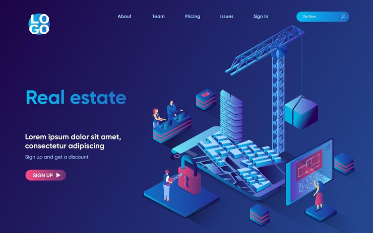 Vector real estate concept isometric landing page construction company building new houses for selling