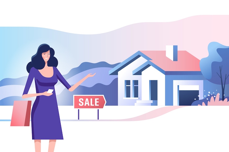 Вектор понятие недвижимости. риэлтор и дом на продажу. покупка и продажа недвижимости. иллюстрация.