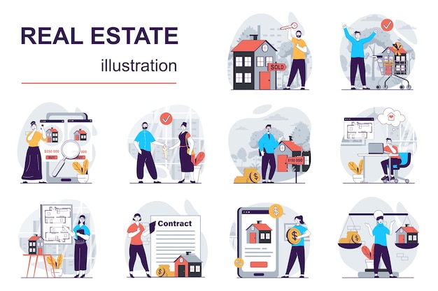 Real estate concept with character situations mega set Vector illustrations