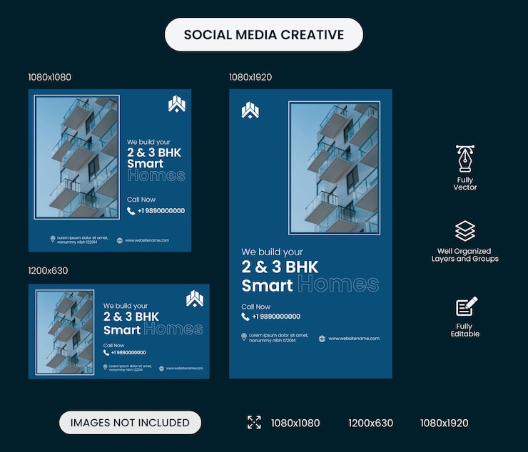 Vector real estate creatives design social media posts in multiple sizes