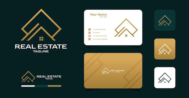 Real estate elegant line art logo and business card template premium vector