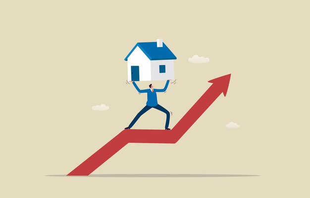 Real estate and high debt home mortgages businessman carrying a house on graph illustration