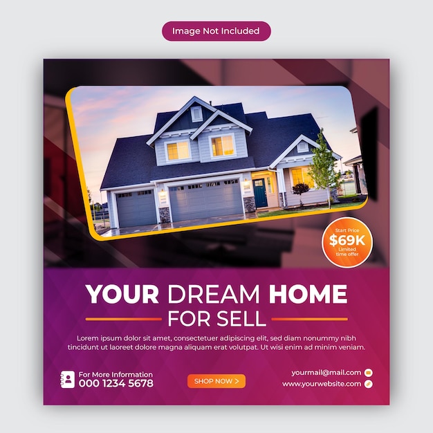 Real estate home for sale social media instagram post or square web banner advertising template