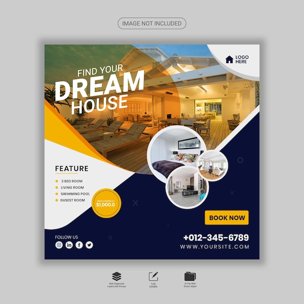 Vector real estate house banner or square social media post template