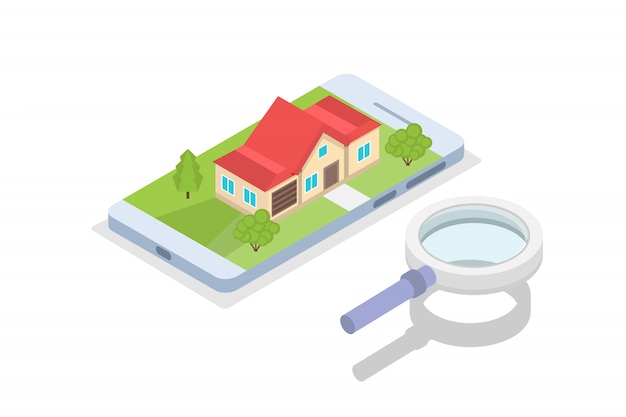 Real estate house on a map search isometric concept.  illustration