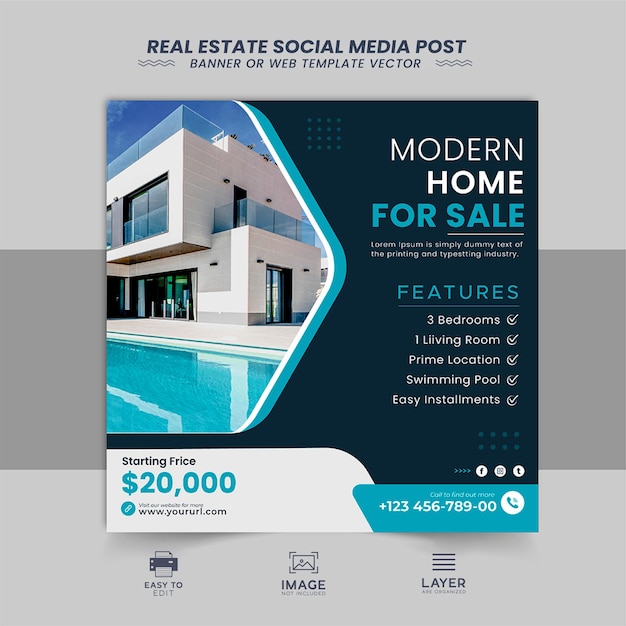 Real estate house property Instagram post or social media banner Vector template