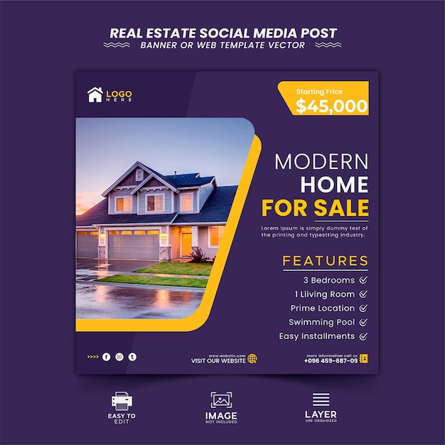 Real estate house property Instagram post or social media banner Vector template