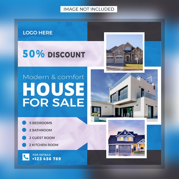 Сообщение о продаже недвижимости в социальных сетях и шаблон квадратного баннера в instagram