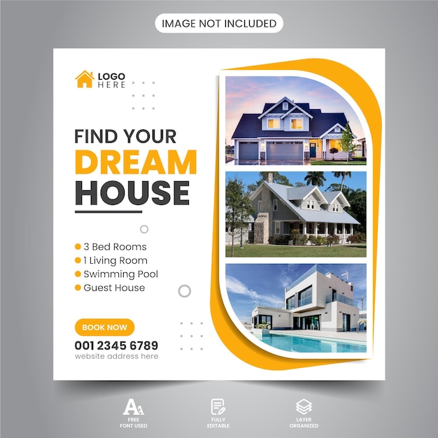 Real Estate House property Social Media Squire Banner Flyer Vector Template Design