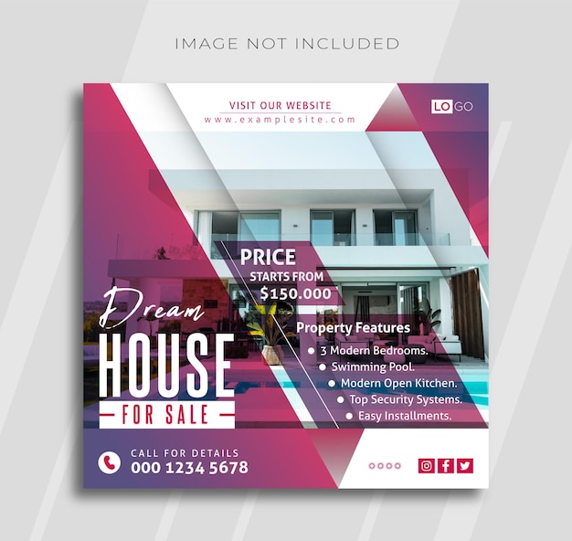 Real estate house sale Instagram post or web banner promotional template