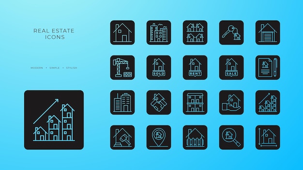 Vector real estate icons collection with black filled line style building home house sale rent apartment agent vector illustration